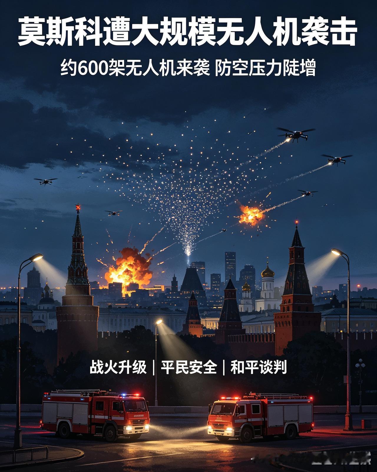 一夜之间约600架无人机扑向莫斯科方向，这场饱和袭击，直接刷新冲突以来的纪录 。