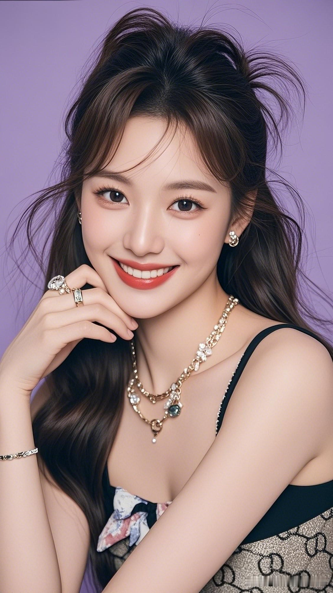 甜美少女风，紫色背景下的迷人微笑。有哪些女生日常好看穿搭可以借鉴