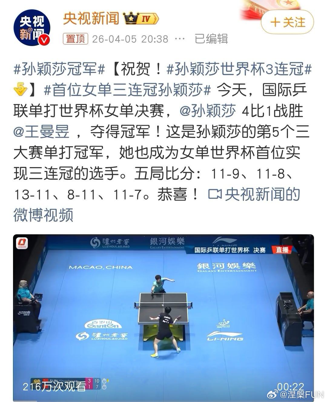 孙颖莎冠军祝贺莎莎！又是一个冠军！也祝贺王曼昱发挥了自己水平，相互成就了一场精彩