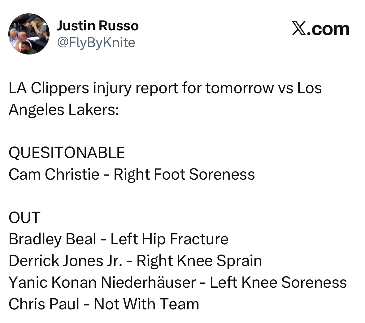 快船对阵湖人，哈登复出。出战成疑：克里斯蒂——右脚酸痛确定缺阵：比尔——左髋骨骨