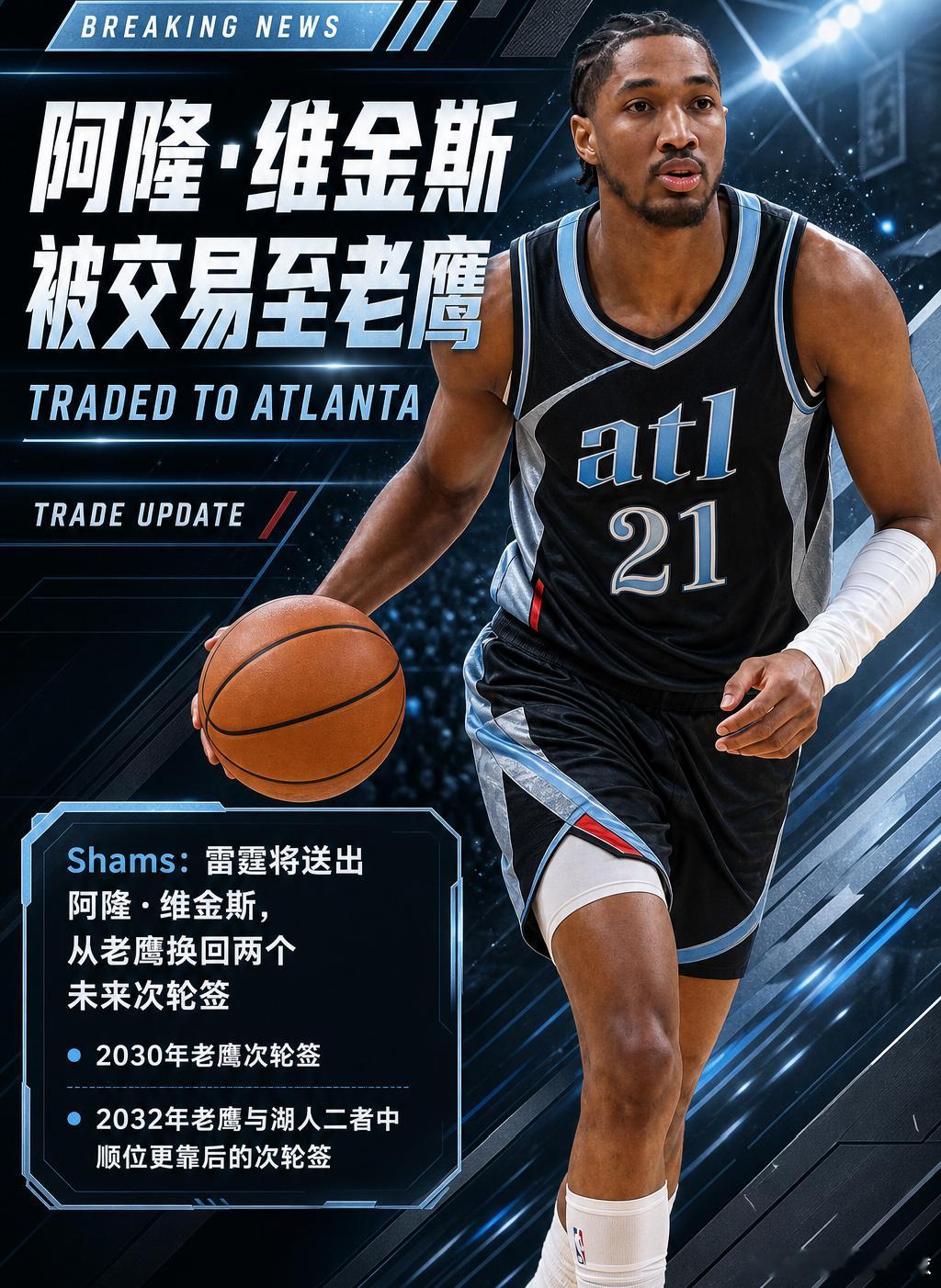 NBA交易 Shams：雷霆将阿隆·维金斯交易至老鹰换回2次轮    北京时间6