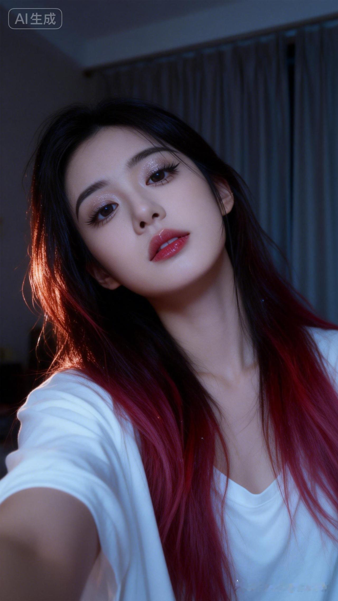微距人脸特写，仰角略斜构图随性，黑长发柔顺、鬓角乱发微光，白宽松短袖，光线柔和，