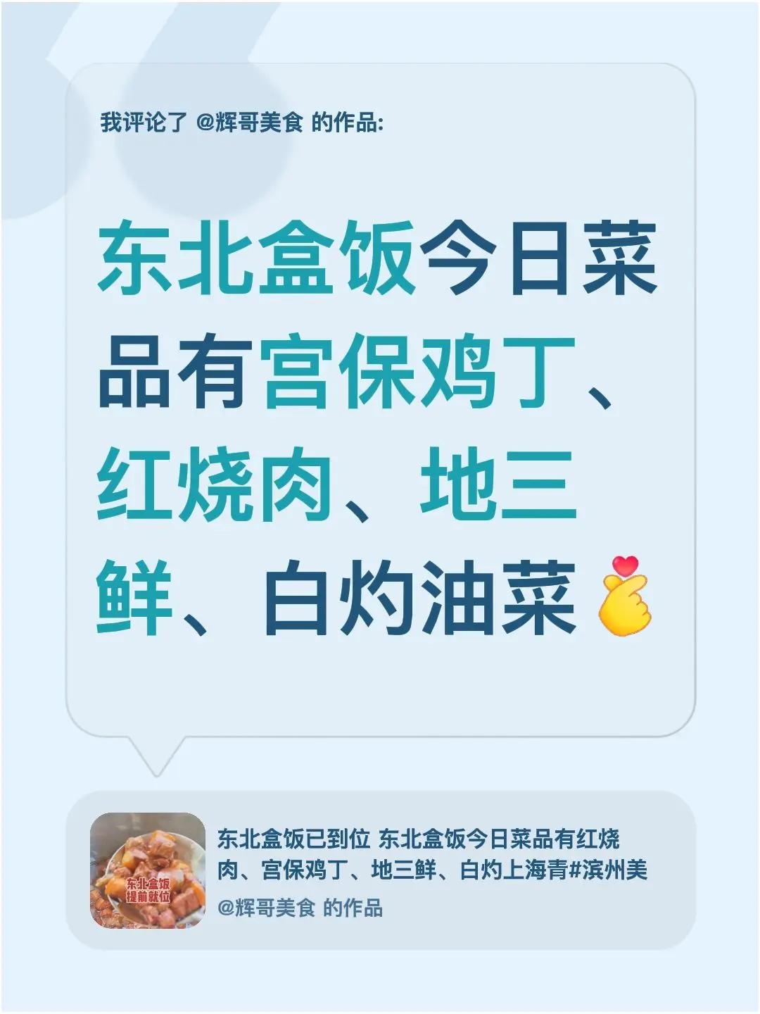 我评论了@辉哥美食 的作品：东北盒饭今日菜品有宫保鸡丁、红烧肉、地三鲜、白灼油菜
