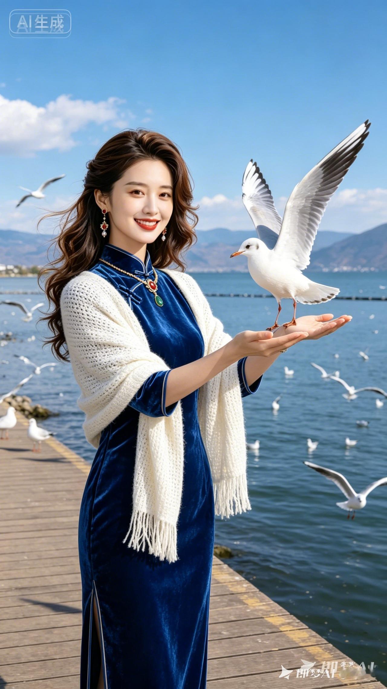 姑娘在海边喂海鸥，好浪漫啊！
