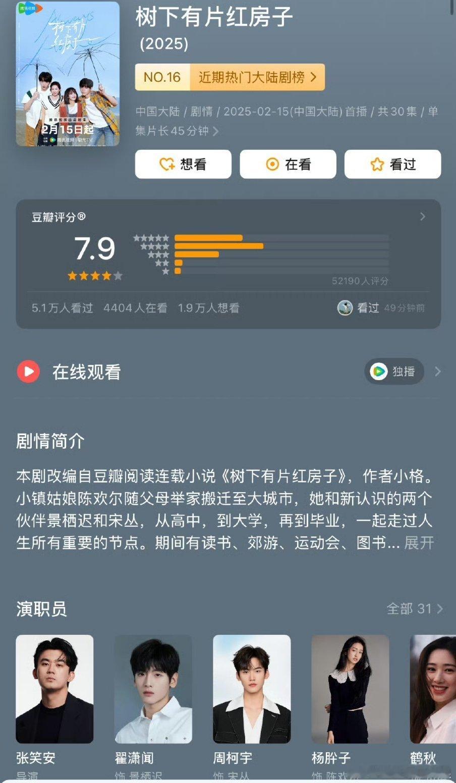 今年现偶最高分，目前是翟潇闻、周柯宇的《树下有片红房子》，7.9！ ​​​