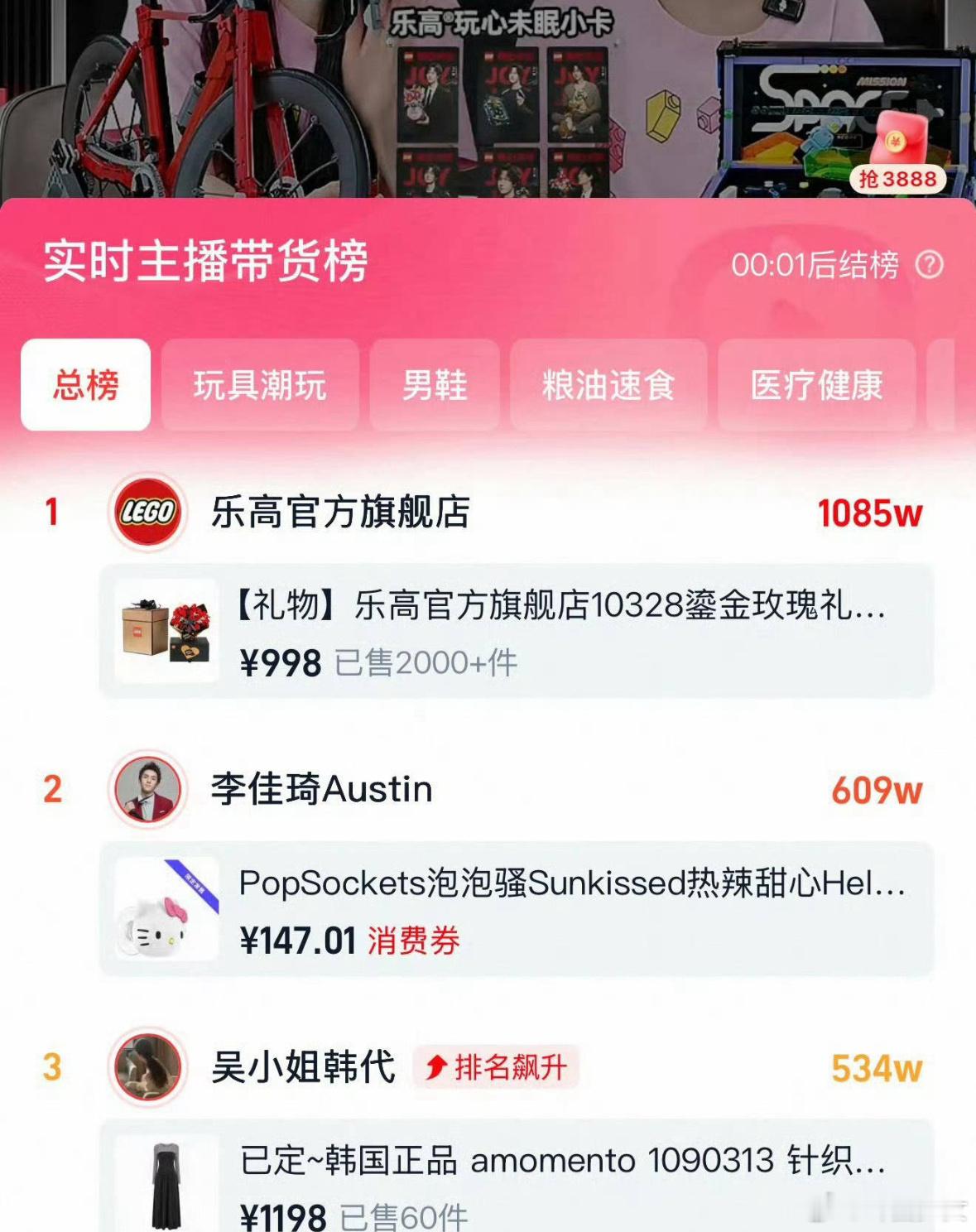 王一博乐高1小时销量总断层第一王一博乐高1小时登顶销量总榜第一王一博乐高1小时即