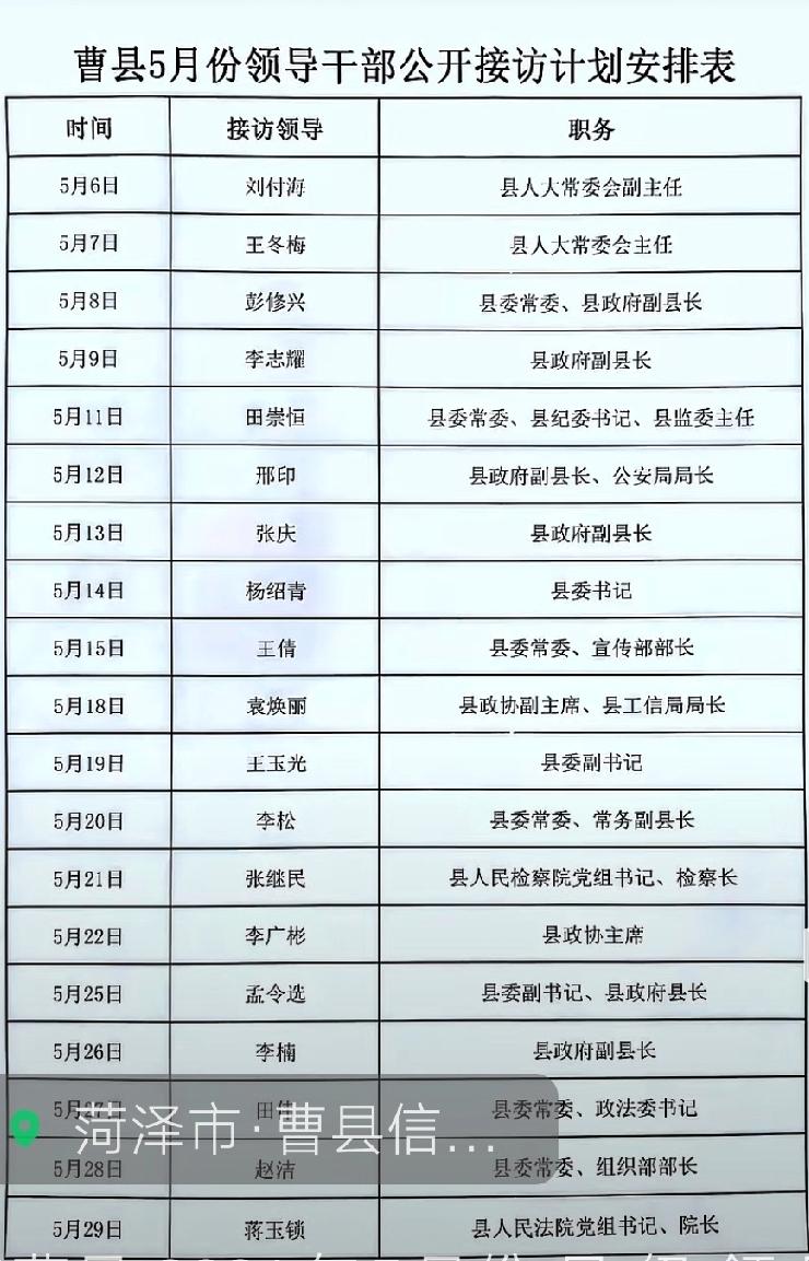 菏泽市2026年5月份曹县领导干部公开接访工作安排