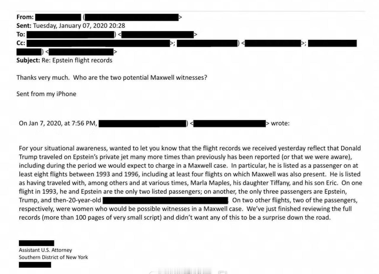 新公布的爱泼斯坦邮件显示，特朗普乘坐爱泼斯坦的飞机“比之前想象的要频繁得多”。 