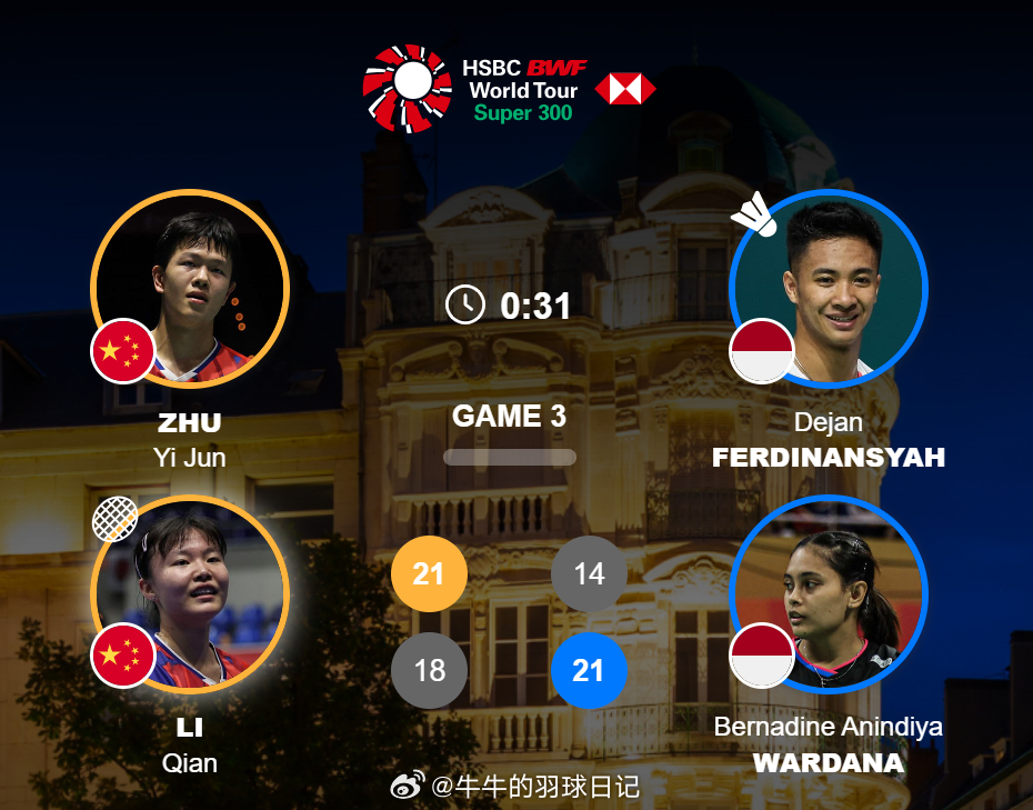 混双 1/8赛 朱一珺/李茜 21-14 18-21德扬/伯纳丁决胜局！！202