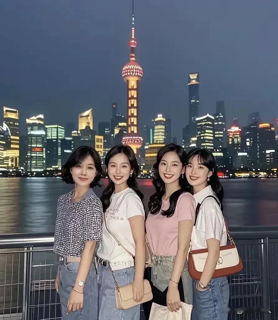 上海夜景前合影，开心极了！