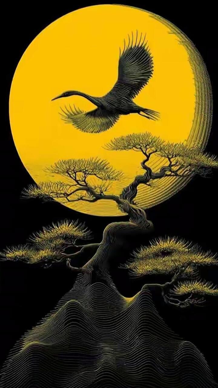 黑沉沉的背景上，一轮金黄的圆月像盏明灯悬着。一只仙鹤正张开翅膀，悠悠地从月亮前飞