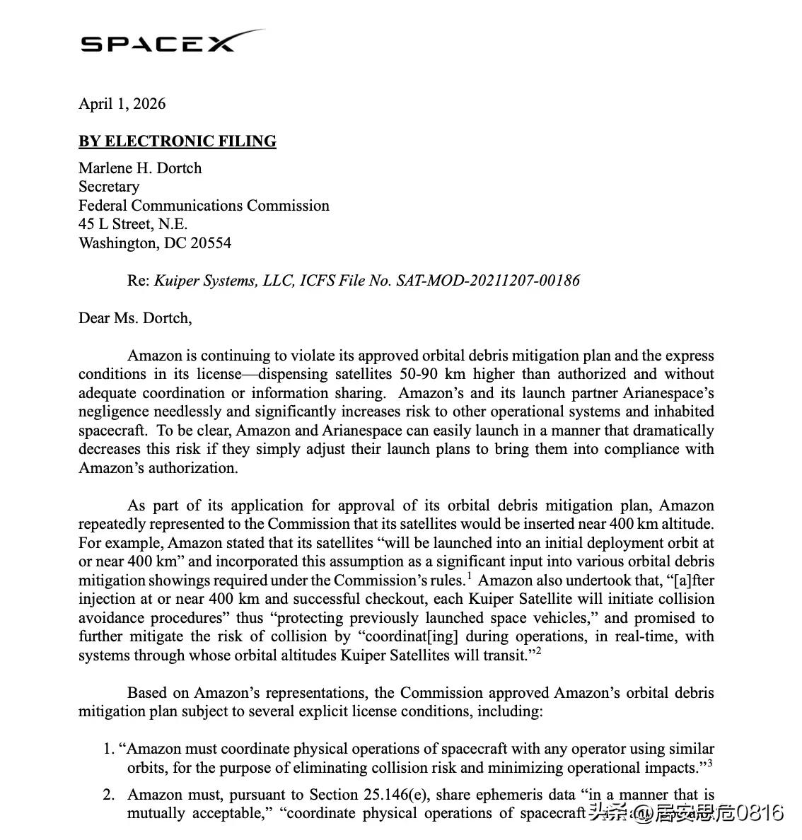 新闻：SpaceX 已向 FCC 提交一封信函，指控亚马逊继续违反其已获批准的轨