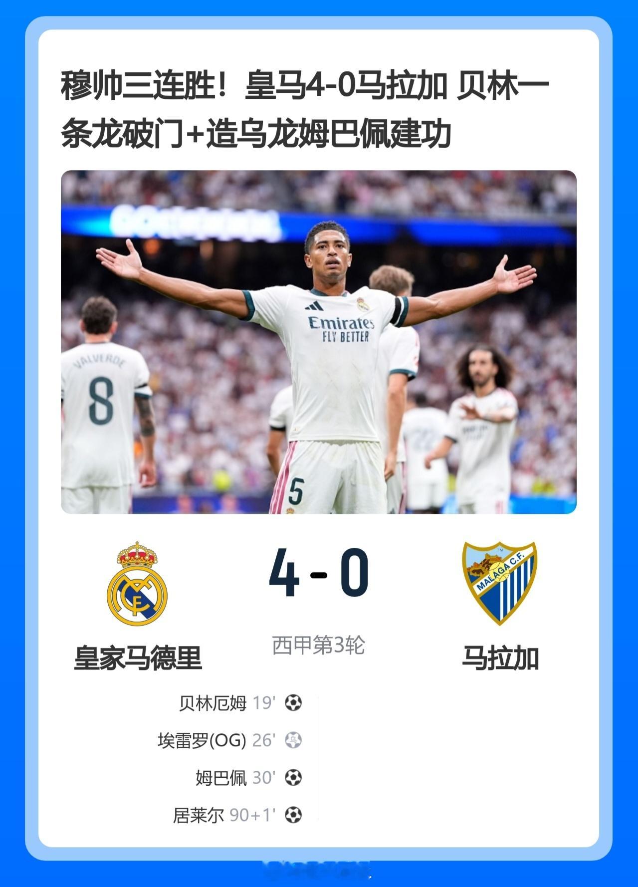 北京单场 穆帅三连胜！皇马4-0马拉加 贝林一条龙破门+造乌龙姆巴佩建功北京时间