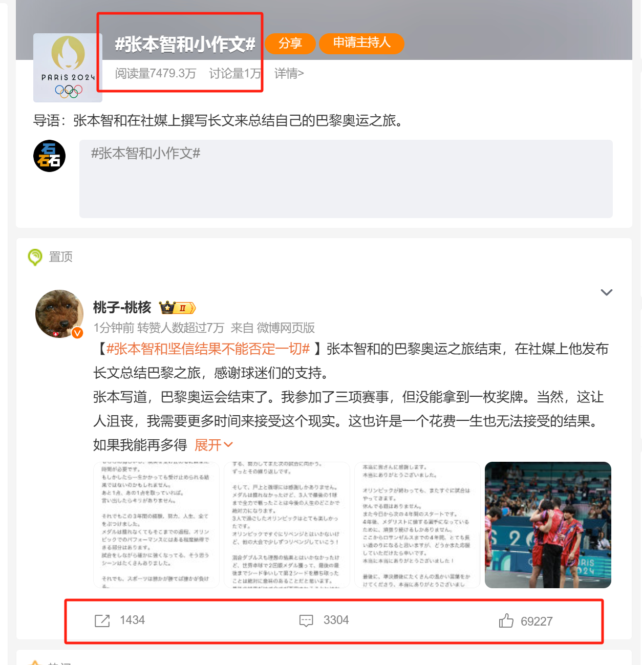 一个平时发帖评论区都是少于3个留言的博主，突然发了一篇张本智和的小作文，就获得了