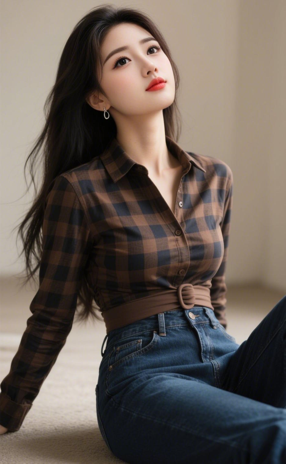 上联：格衫束带腰肢袅
下联：牛仔修身曲线柔