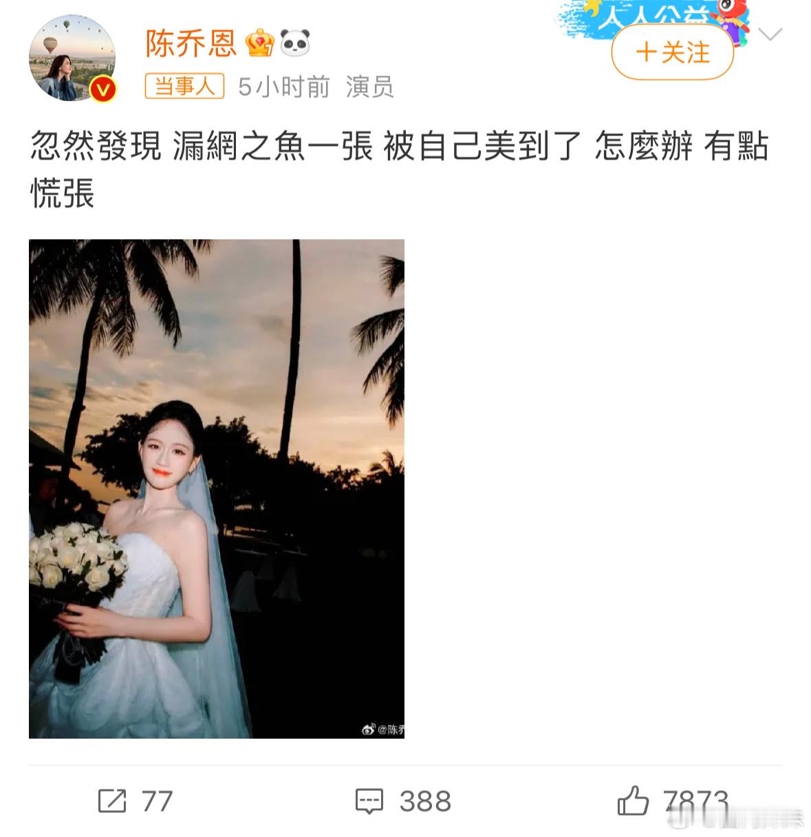 陈乔恩被自己的婚纱照美到了，这照片拍得太有感觉了，笑的很甜，给人一种当事人幸福满