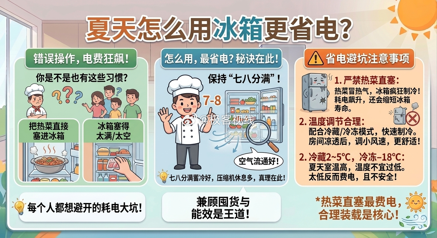 夏天怎么用冰箱更省电很多人以为冰箱塞得越空越省电，或者习惯性把温度调到最低。其实