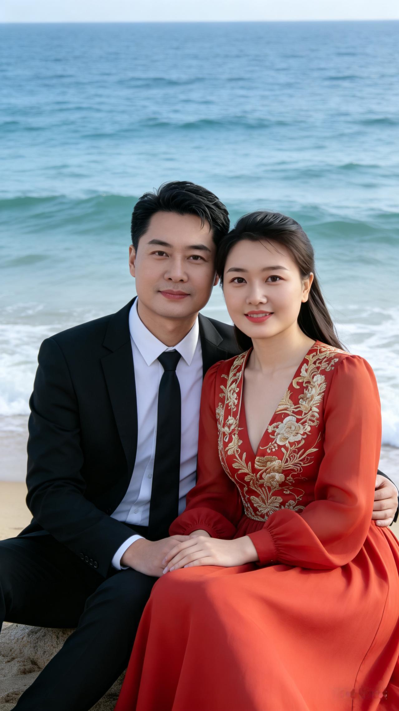 海边俪影
红妆秀态映潮光，
俊逸西装衬暖阳。
携手滩头风作侣，
并肩浪里意悠长。