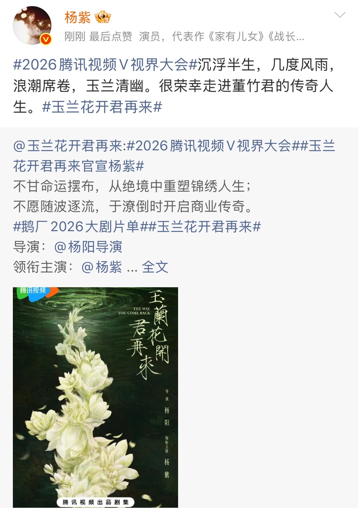 玉兰花开君再来官宣杨紫杨紫饰演大女主励志传奇董竹君——不甘命运摆布，从绝境中重塑