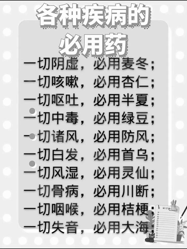 各种疾病的必用药。
·一切头疼，必用川芎；
·一切疼痛，必用元胡；
·一切气虚，
