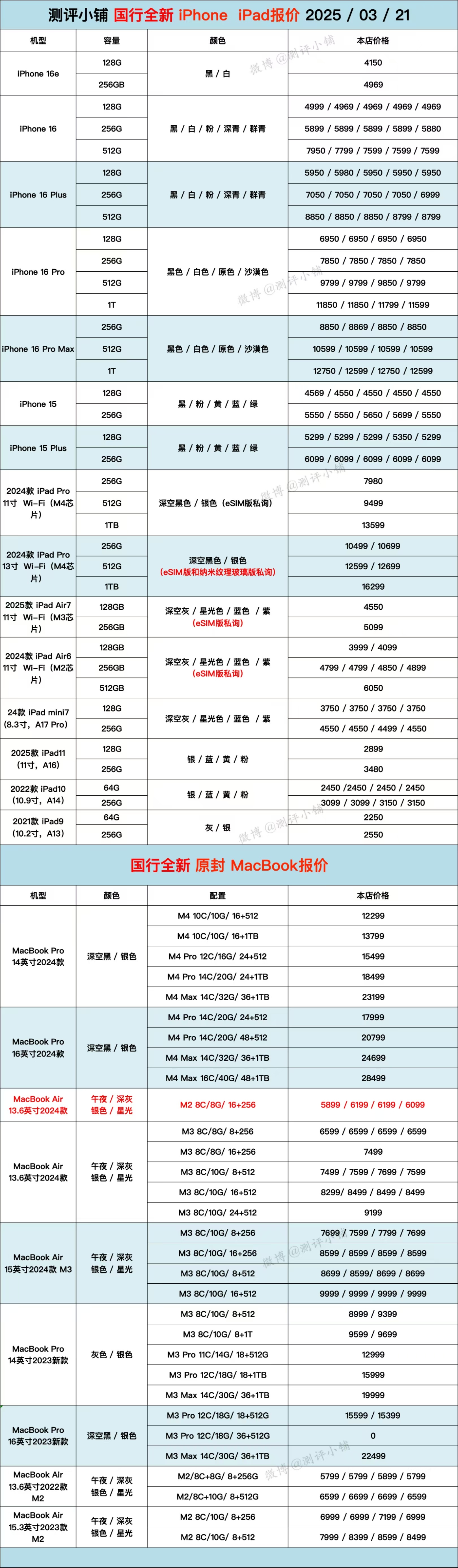 03-21全新机报价，iPhone16系列，小米15系列，红米K80 Pro，O