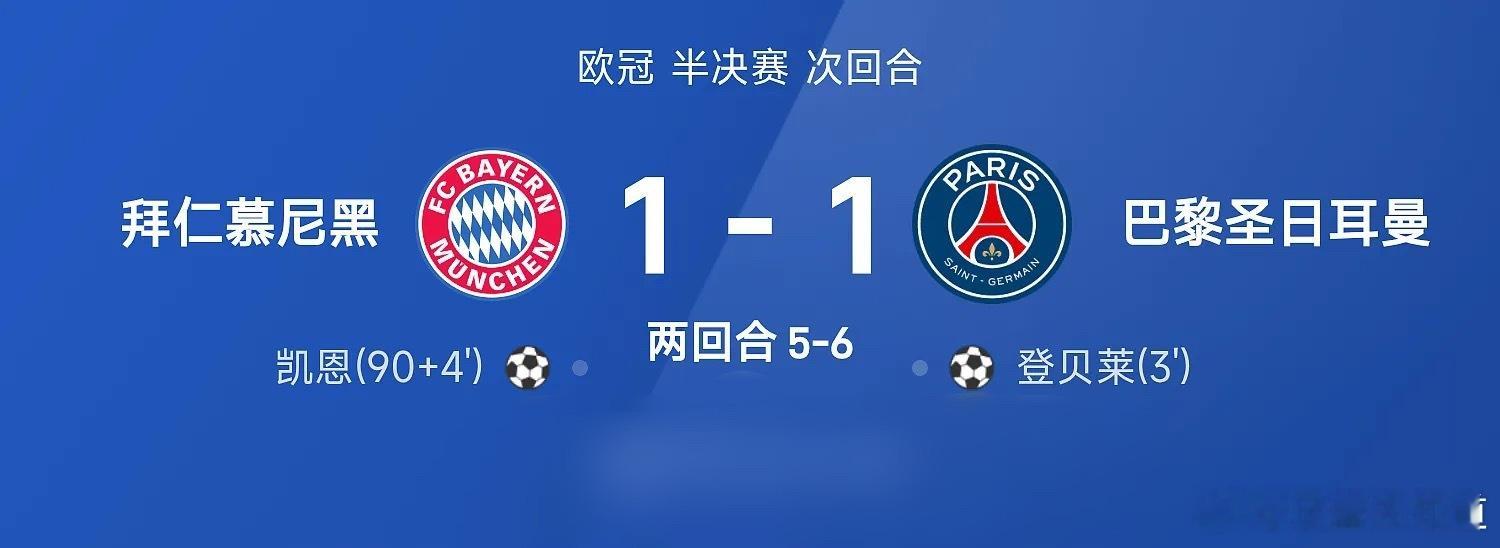25/26赛季欧冠半决赛次回合，全场战罢，巴黎圣日耳曼1-1战平拜仁慕尼黑，以总