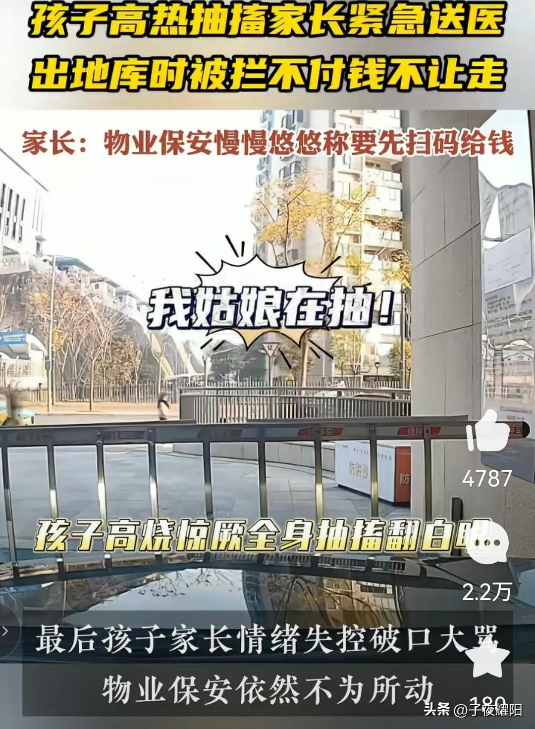 小区保安为收停车费，不顾业主孩子车上抽搐。在某地一小区发生了一件令人非常痛恨的事
