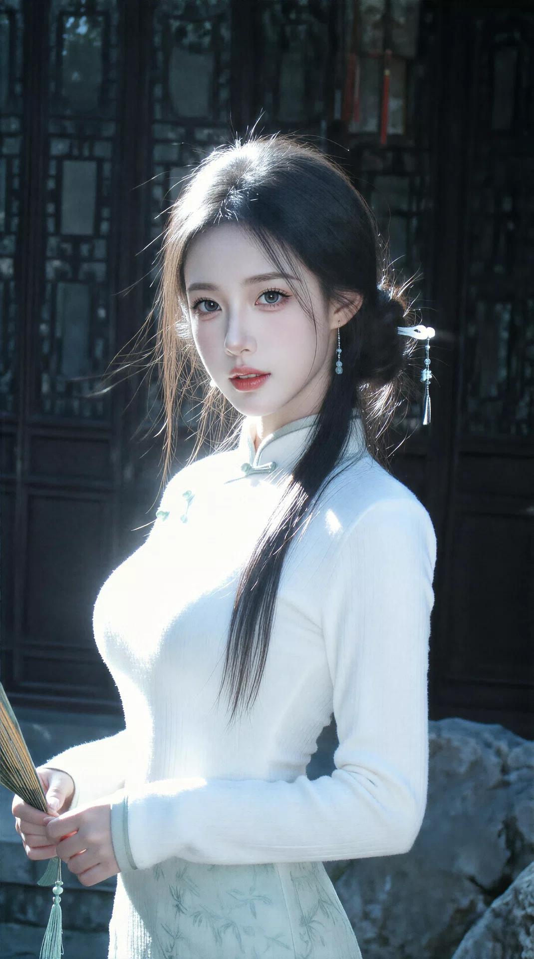 她的长发被精心挽成一侧的低髻，用一支素雅的玉簪固定，几缕碎发在风中轻扬，耳畔垂着