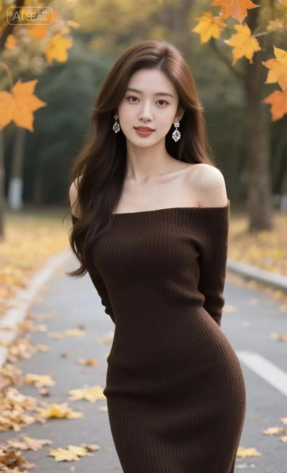 太美了 露肩毛衣连衣裙 美女五官精美