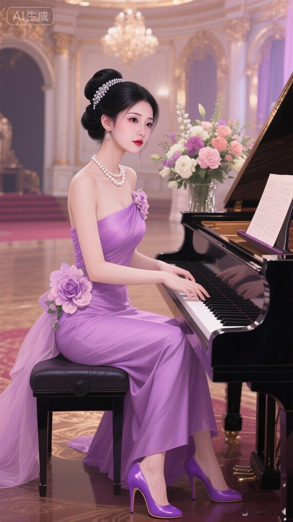 优雅钢琴演奏，紫色礼服与音乐共舞