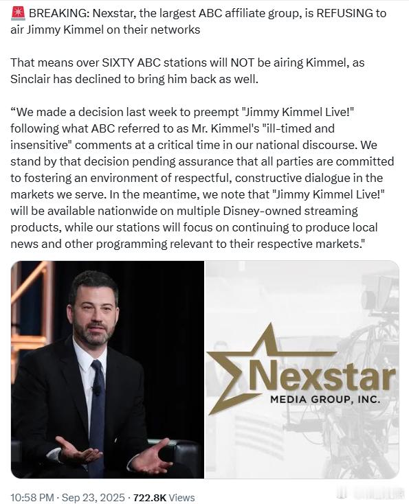 Nexstar，作为最大的ABC联盟电视台集团，正在拒绝在旗下网络播出《吉米·金