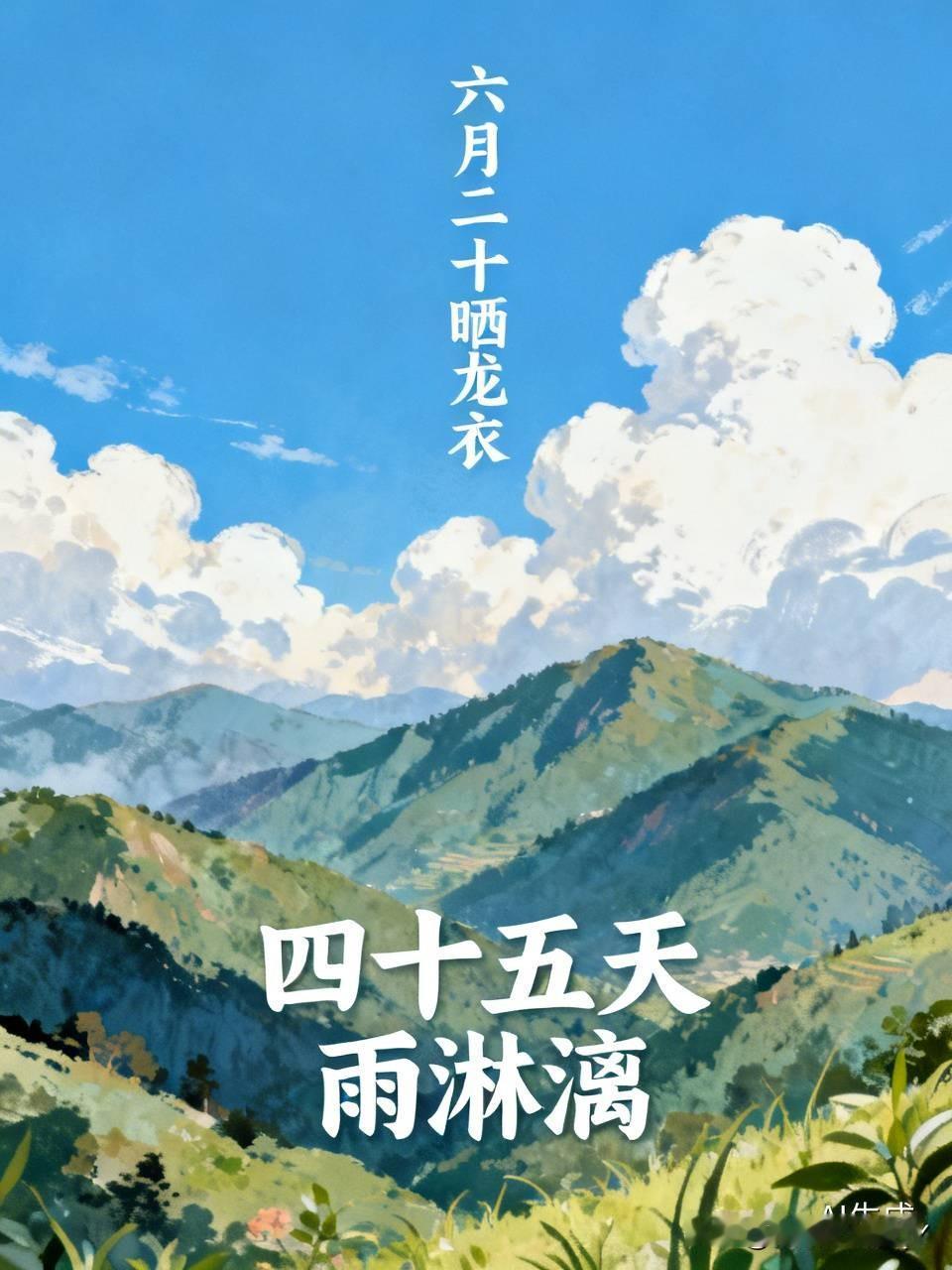 今天是六月二十民间俗语有
1. 六月二十晒龙衣，此后四十五天雨像断了线的珠子，下