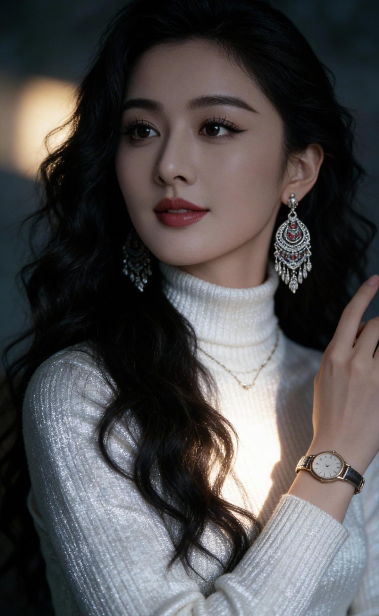 上联：云鬟曳雪凝秋水
下联：玉腕摇霜映晚星