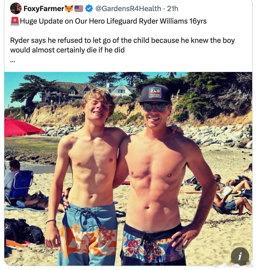 16岁英雄救生员莱德·威廉姆斯（Ryder Williams）的最新消息。莱德说