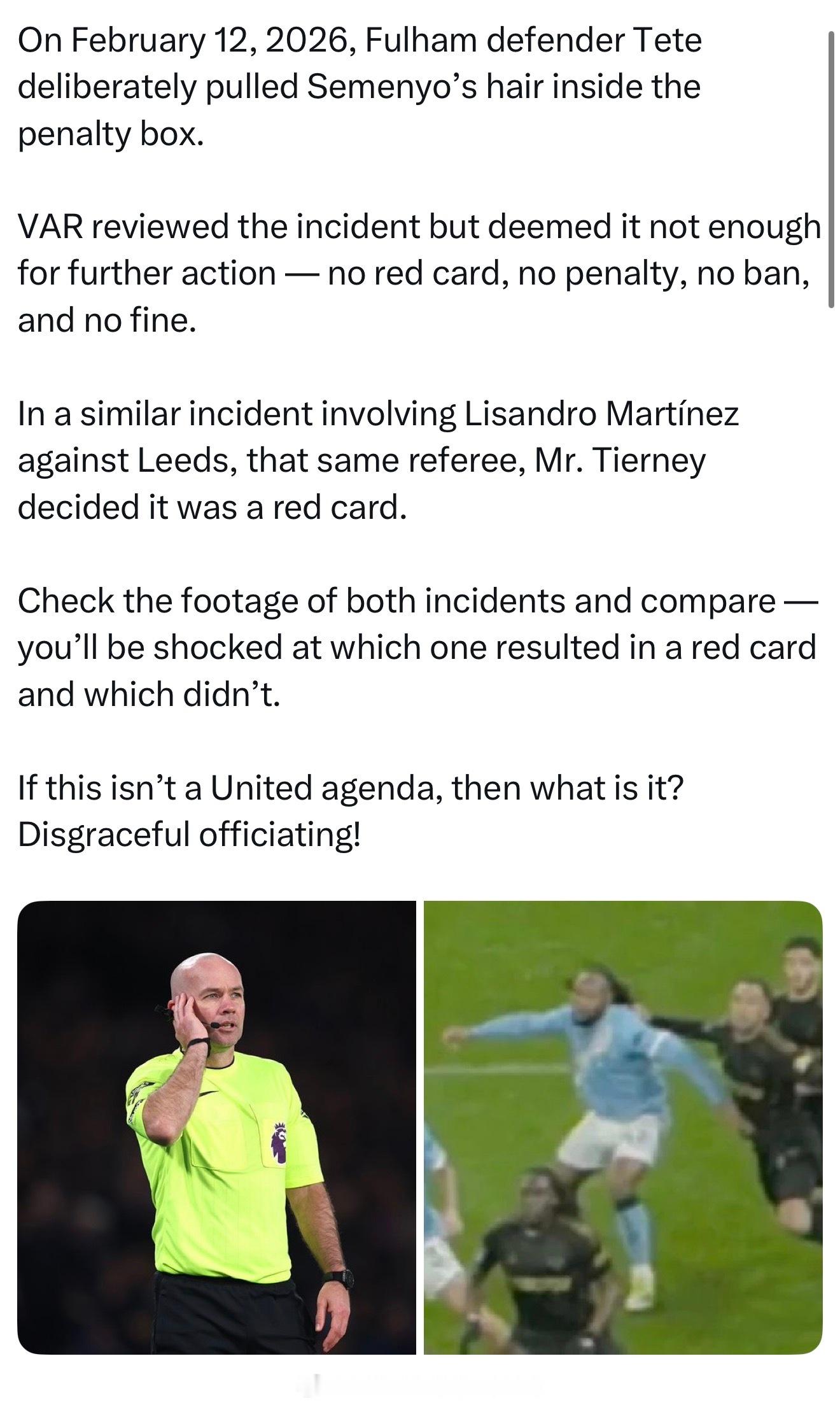 另一场比赛中的揪辫子Var查了，没有任何处罚 