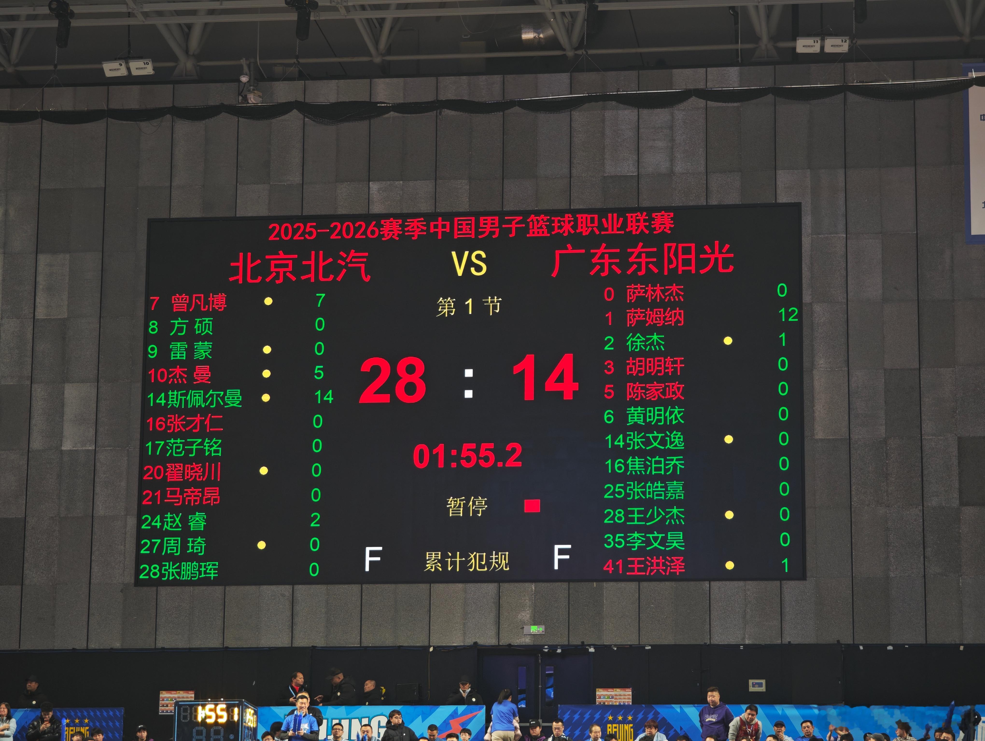 北京男篮vs广东男篮京粤大战 首节北京队28-14领先广东。斯佩尔曼14分，曾凡
