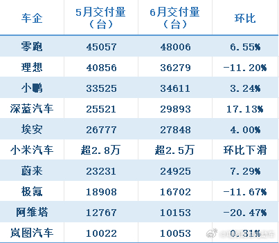 6月新势力销量榜 ​​​