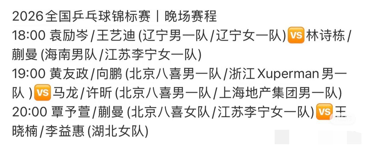 2026全锦赛7月19日晚场赛程：
18:00，混双决赛：
林诗栋/蒯曼VS袁励