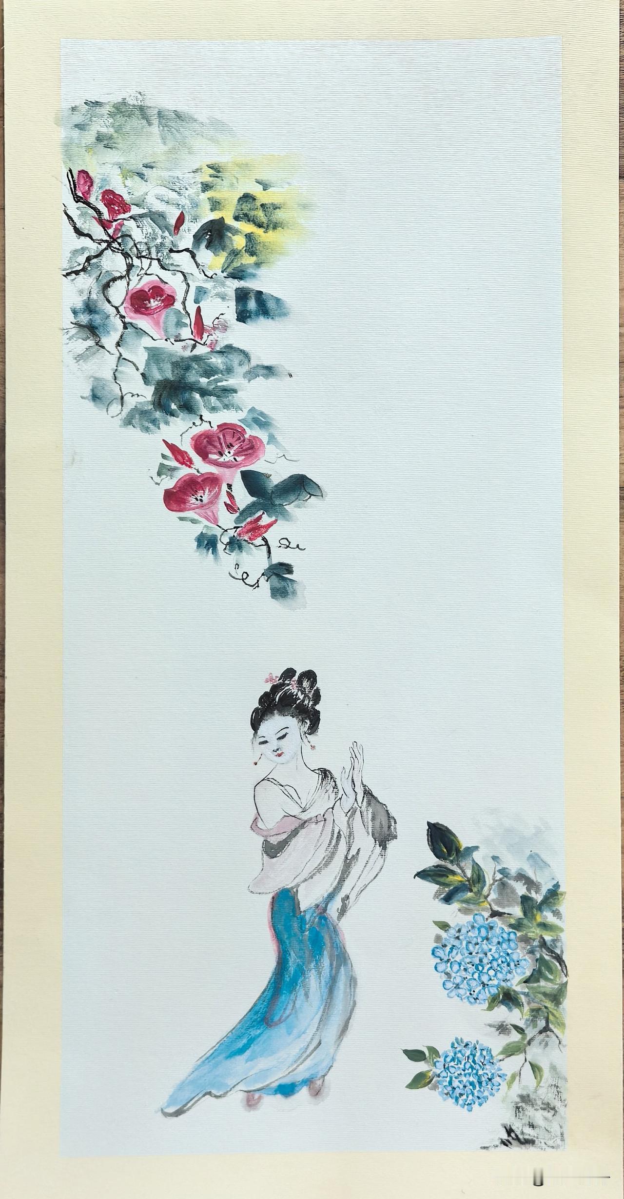 自绘仕女图—花前即兴舞记
 
        晨启扉，庭花骤放。牵牛绛艳攀架，绣