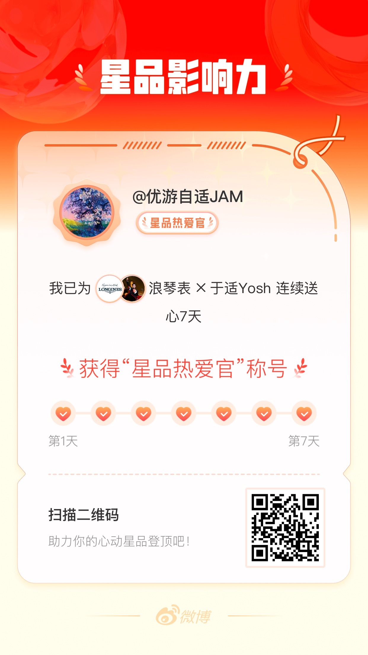 我在星品影响力上为 X 连续送心7天，获得“星品热爱官”称号！快来一起pick你