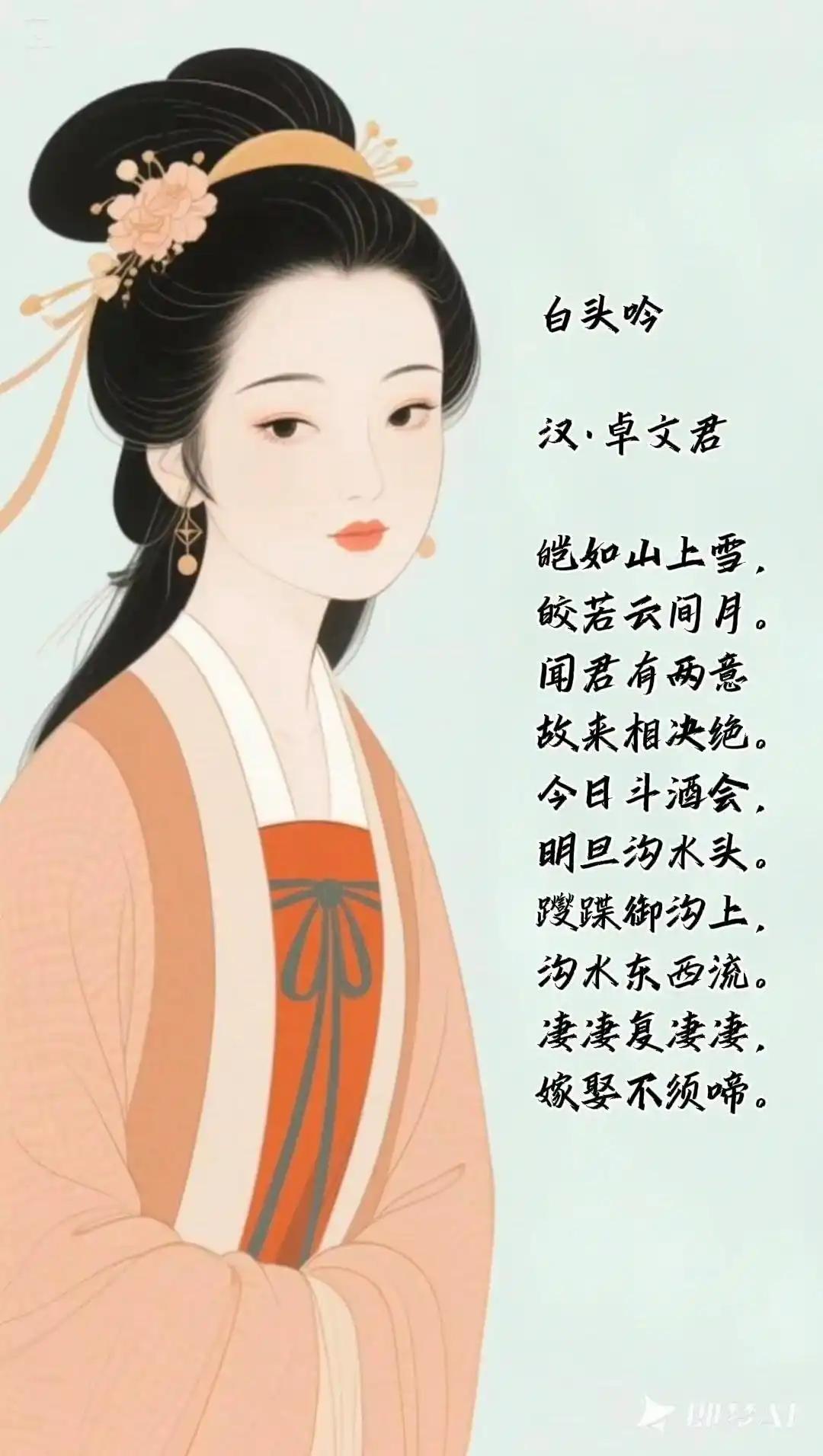 《白头吟》
    卓文君
皑如山上雪，
皎若云间月。
闻君有两意，
故来相决绝