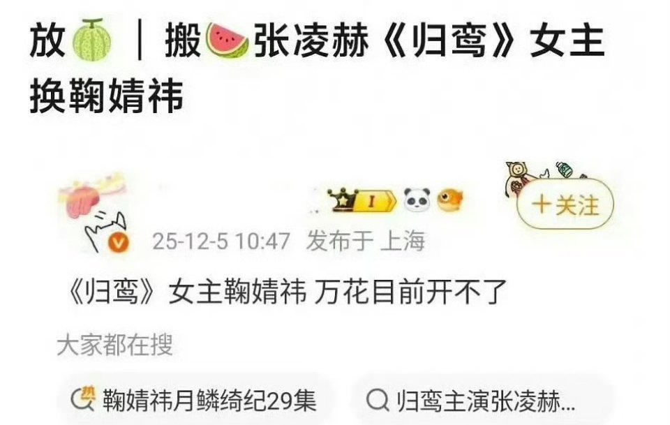 瓜主说张凌赫《归鸾》女主换成鞠婧祎，万花开不了了 