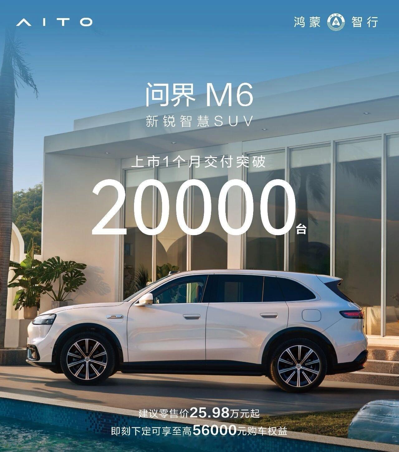 问界m6 上市一个月累计交付突破20000台，这个成绩很OK鸿蒙智行智慧出行体验