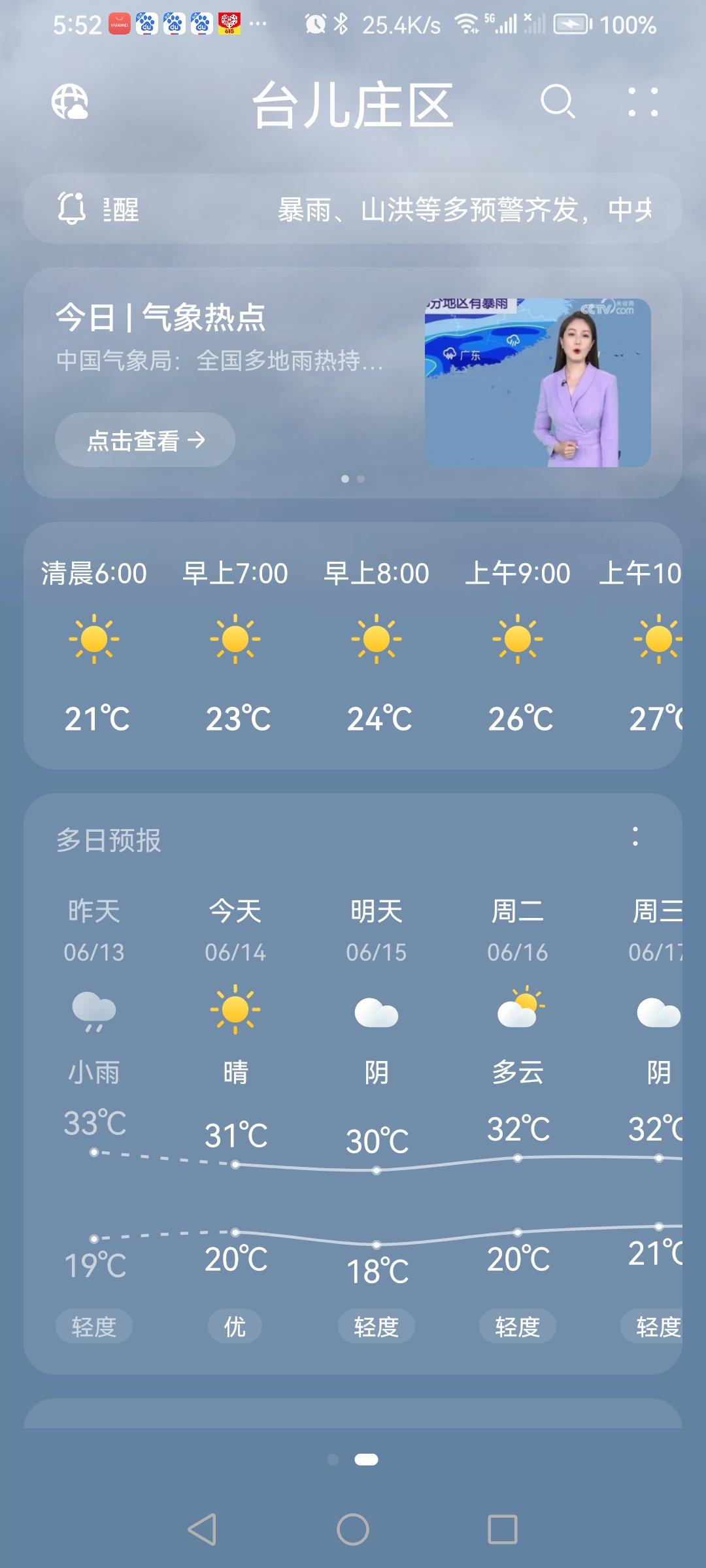 “6.14”天气预报“晴”。气温20—31度