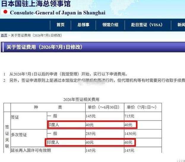 日本驻上海总领事馆官网通知，自7月1日起，日本对中国大陆游客的单次签证费用由14