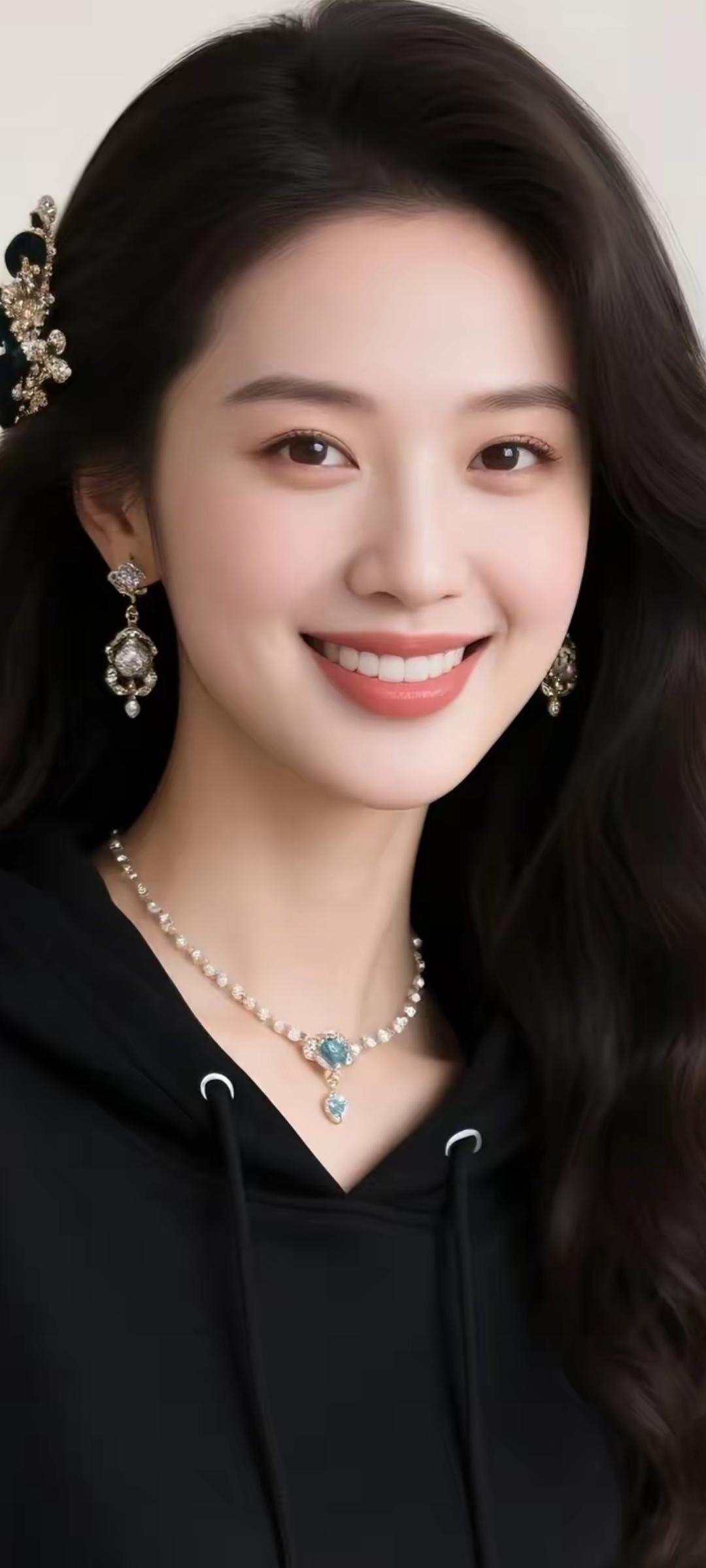 甜美笑容，优雅珠宝，黑色连帽衫，时尚与优雅的完美结合。