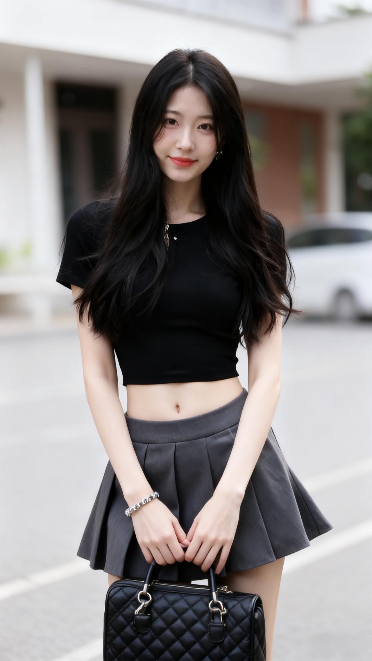 《街心的光》
她立在空旷的街心，
像一道未命名的风景。
黑T收腰，灰裙微扬，
是