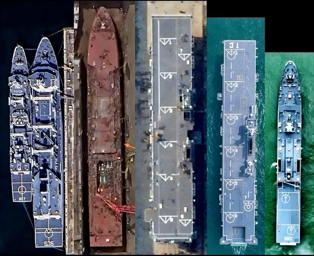 画面中从左到右分别是903A型补给舰、901型补给舰、建造中的补给舰、076型两