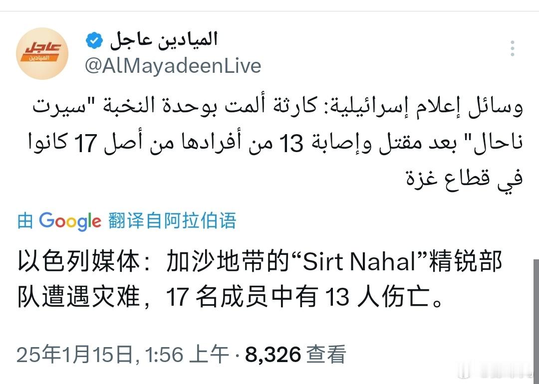 以色列媒体：加沙地带的以军“Sirt Nahal”精锐部队遭遇灾难，17 名成员