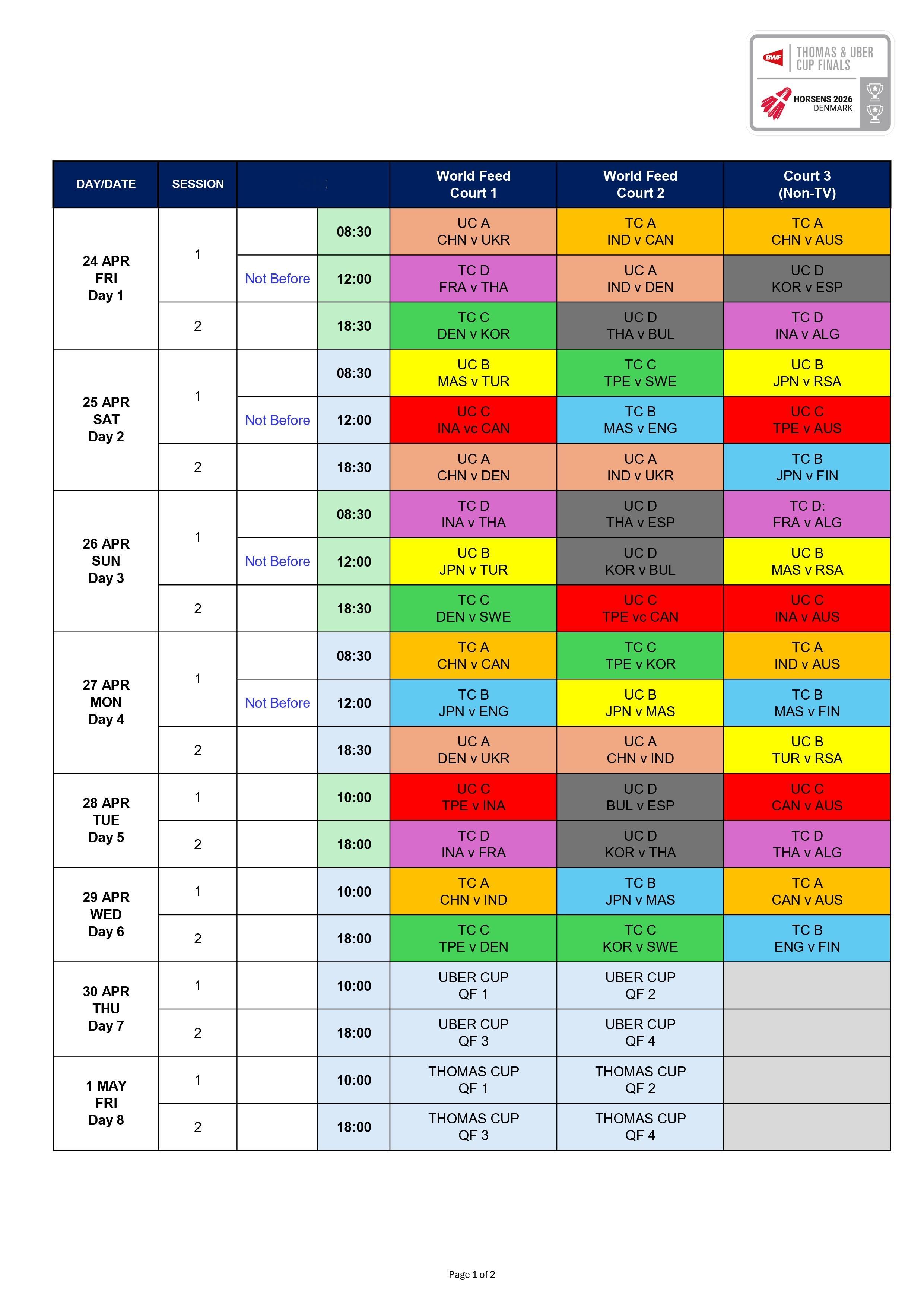 2026年汤尤杯 赛程出炉，国羽小组赛赛程：4月24日14点30分尤杯A组1号场